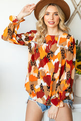 Printed Flounce Sleeve Buttoned Blouse - Flyclothing LLC