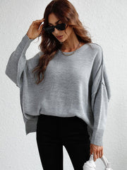 Exposed Seam Dropped Shoulder Slit Sweater - Trendsi