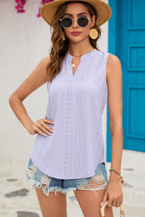 Eyelet Notched Sleeveless Top - Flyclothing LLC