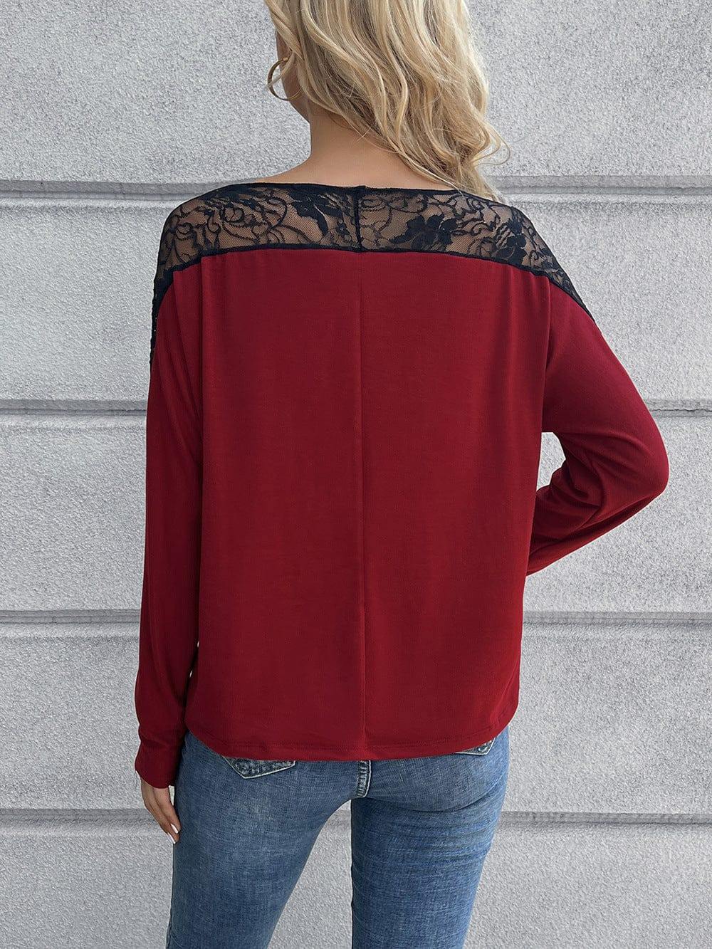 Lace Long Sleeve Round Neck Tee - Trendsi