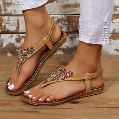 Beaded PU Leather Open Toe Sandals - Trendsi