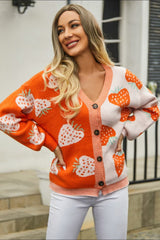 Printed V-Neck Button-Down Long Sleeve Cardigan - Flyclothing LLC