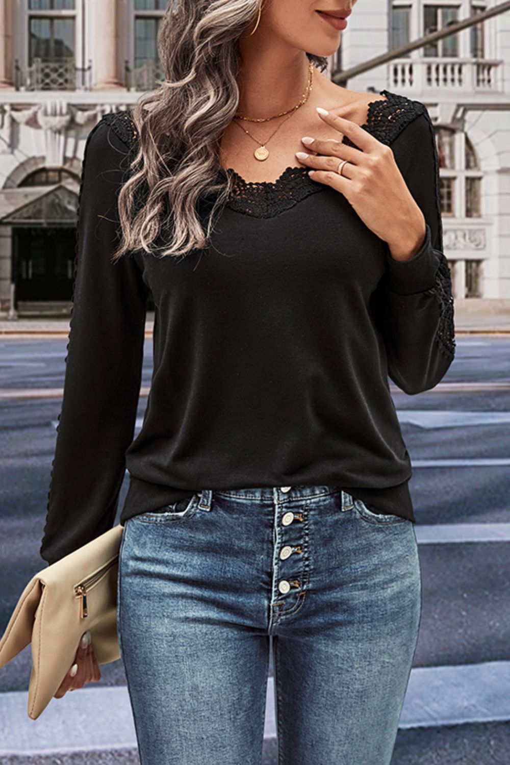 V-Neck Long Sleeve Lace Trim Blouse - Flyclothing LLC