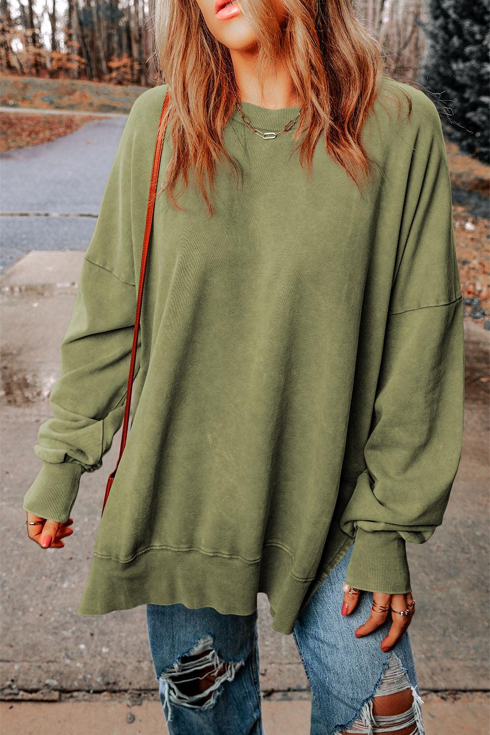 Dropped Shoulder Round Neck Long Sleeve Blouse - Flyclothing LLC