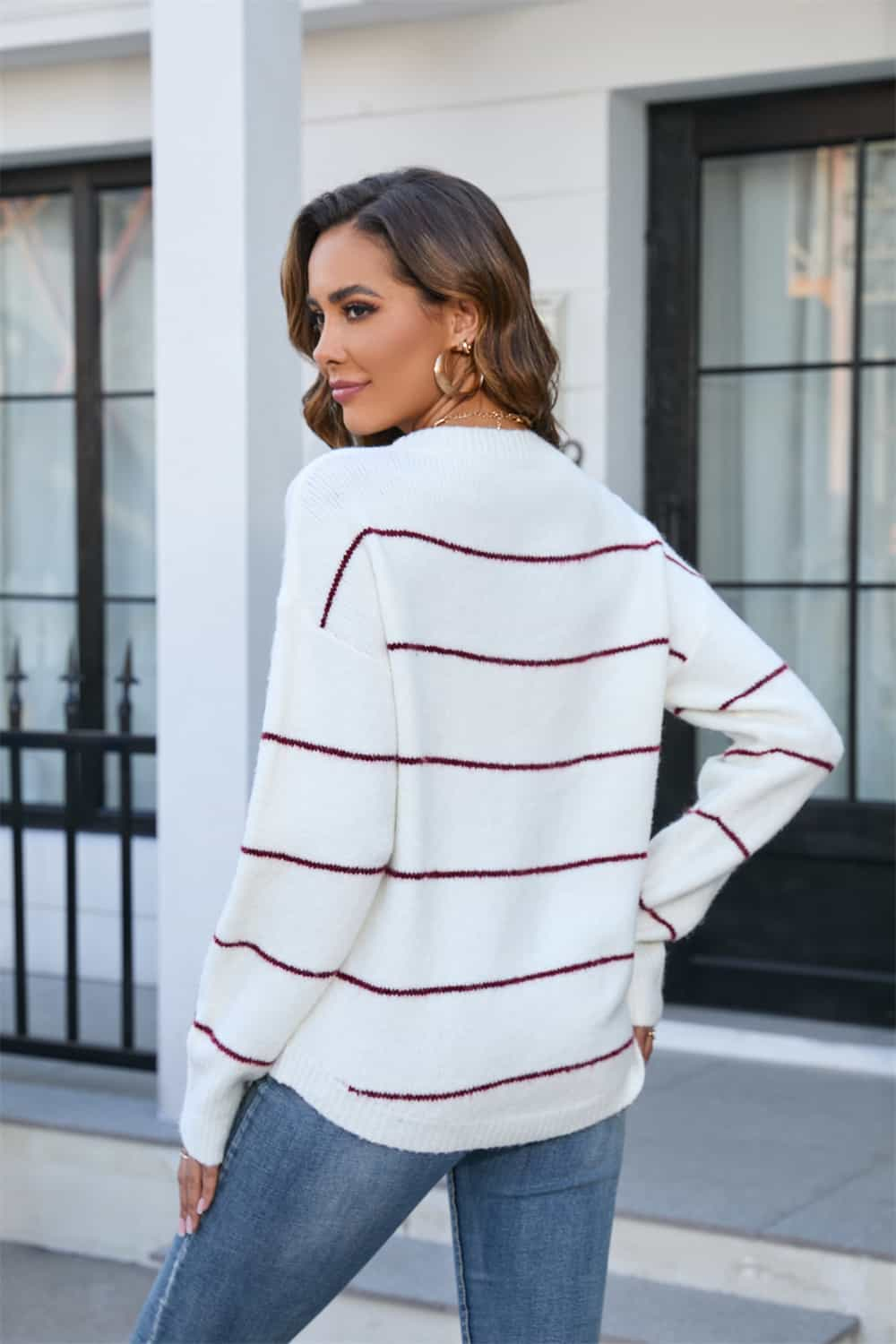 Striped Round Neck Long Sleeve Sweater - Flyclothing LLC