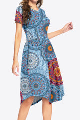 Printed Round Neck Short Sleeve Dress with Pockets - Flyclothing LLC