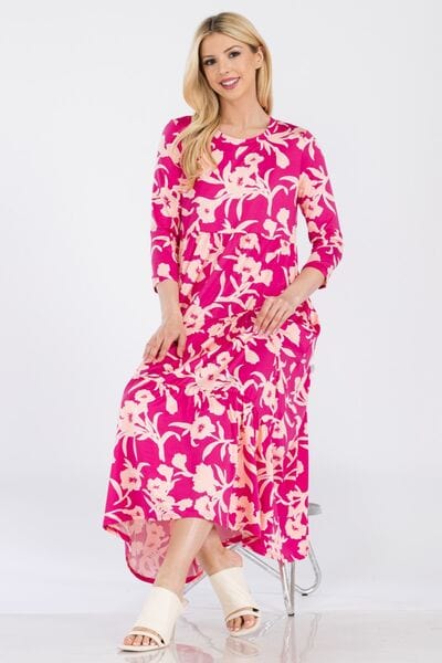 Celeste Full Size Floral Round Neck Ruffle Hem Dress - Trendsi