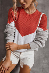 Color Block Round Neck Rib-Knit Sweater - Trendsi