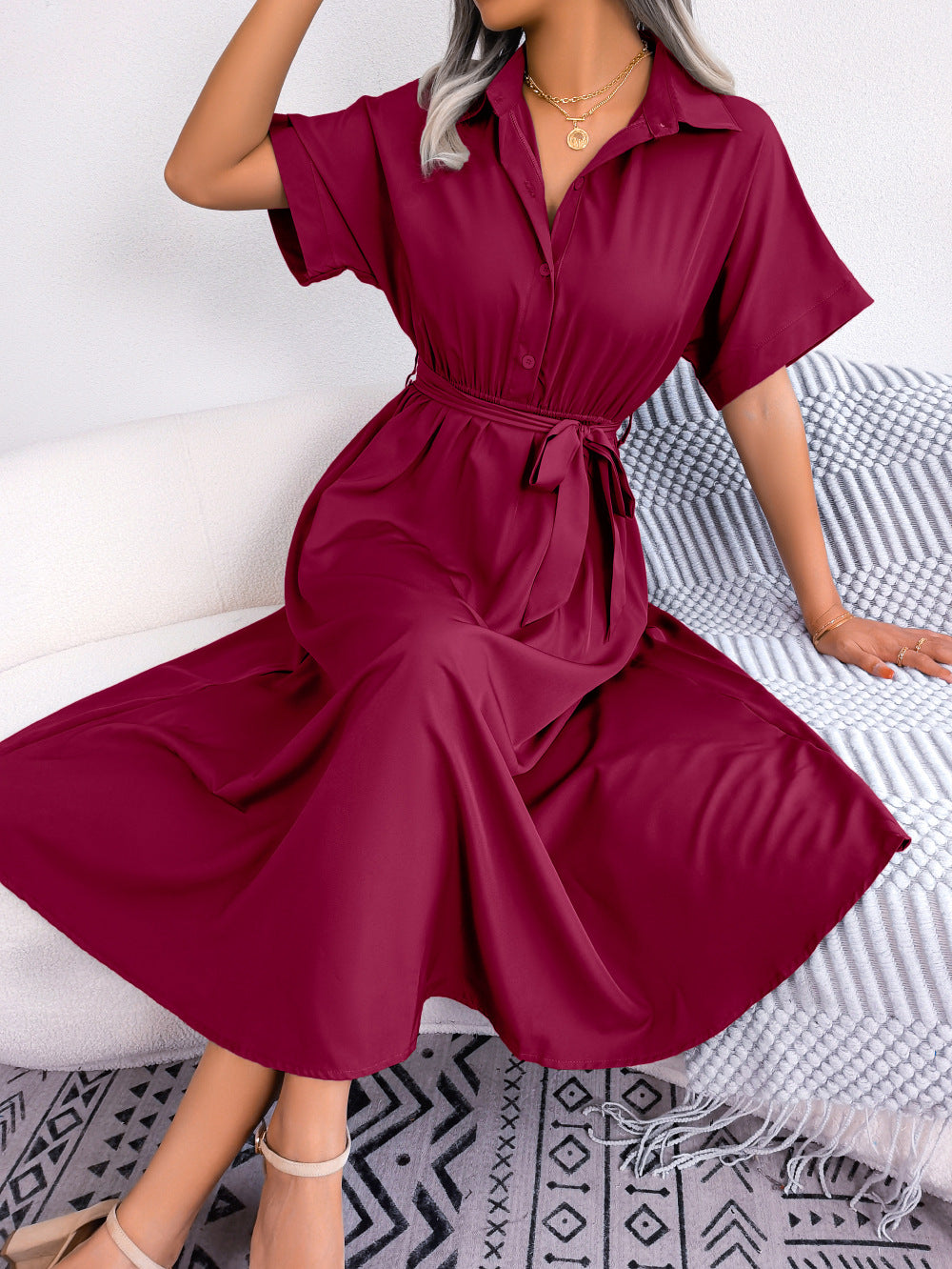 Short Sleeve Collared Tie Belt Dress - Flyclothing LLC