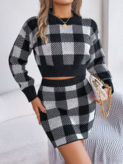 Plaid Round Neck Top and Skirt Sweater Set - Flyclothing LLC