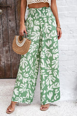 Smocked Printed Wide Leg Pants with Pockets - Flyclothing LLC