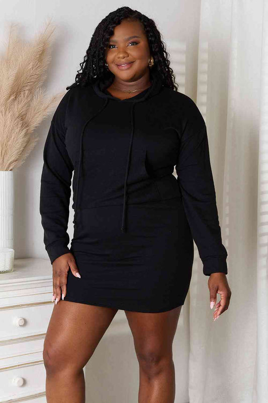 Culture Code Full Size Drawstring Long Sleeve Hooded Dress - Flyclothing LLC