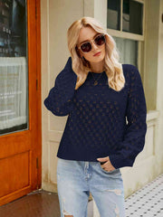 Openwork Round Neck Sweater - Flyclothing LLC