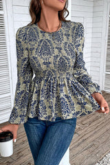 Smocked Printed Balloon Sleeve Blouse - Flyclothing LLC