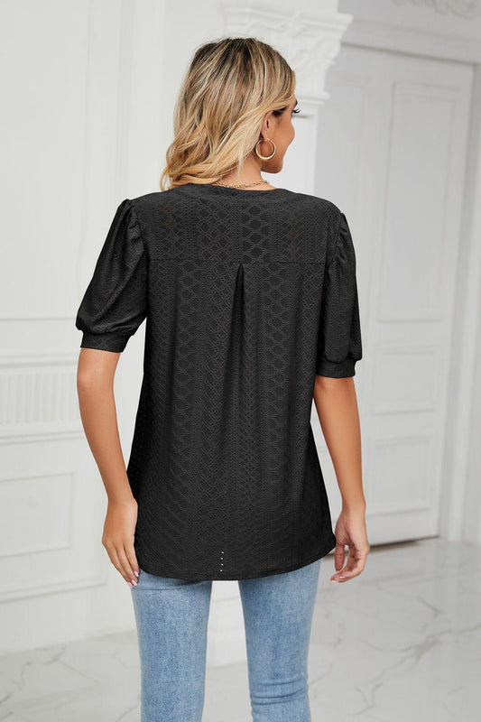 Eyelet Short Puff Sleeve Notched Neck Top - Flyclothing LLC