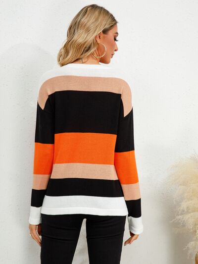 Striped Round Neck Dropped Shoulder Sweater - Flyclothing LLC