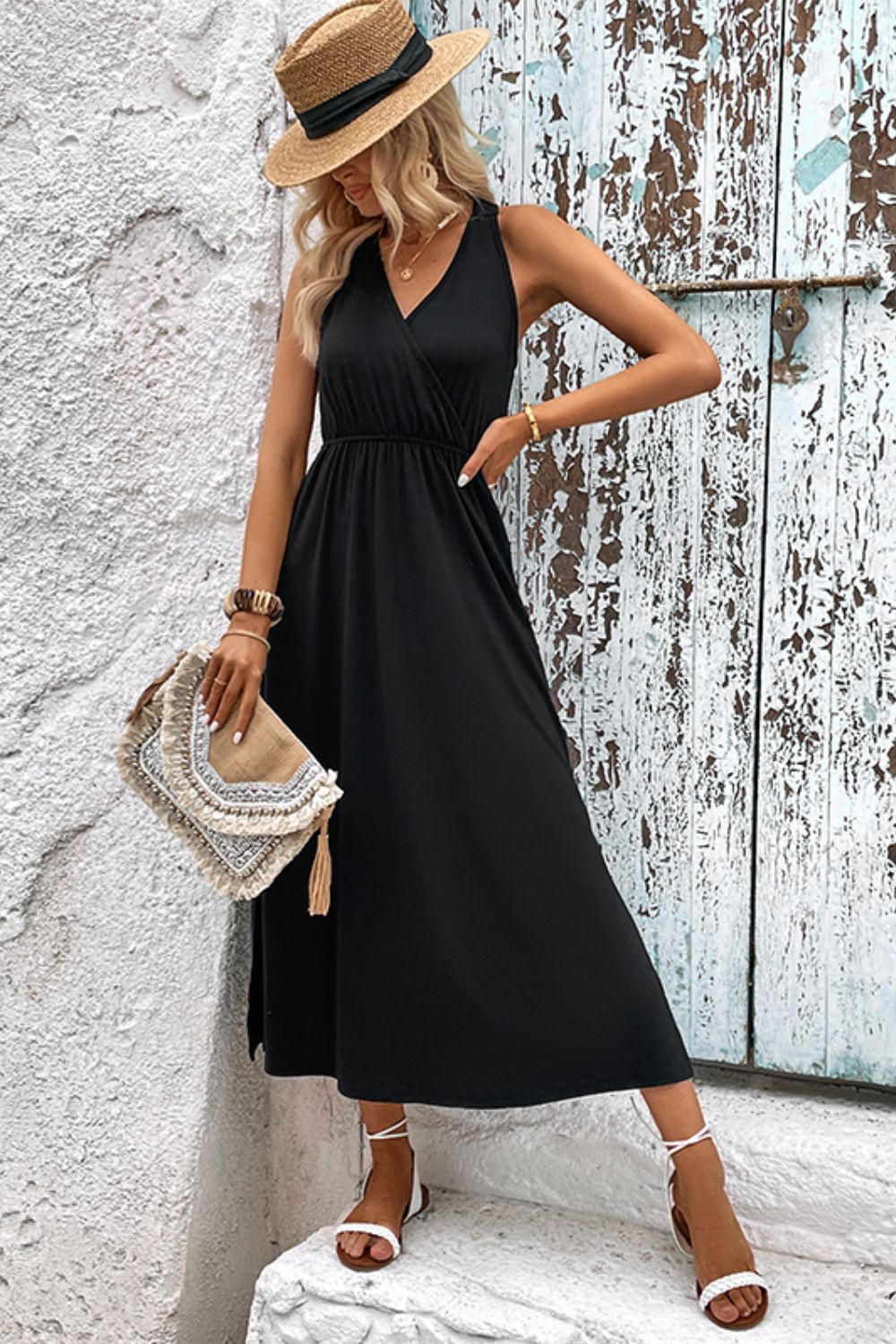 Surplice Neck Slit Sleeveless Dress - Flyclothing LLC