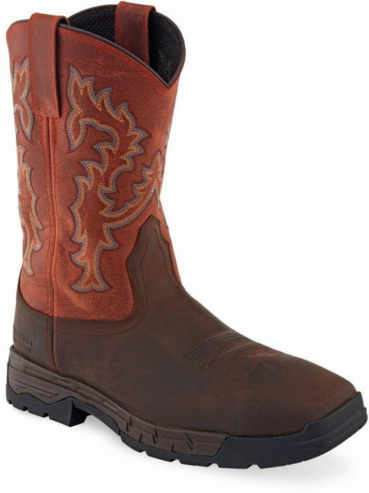 Old West Brown Burnt Red Waxy Square Toe Mens Work Boots - Old West