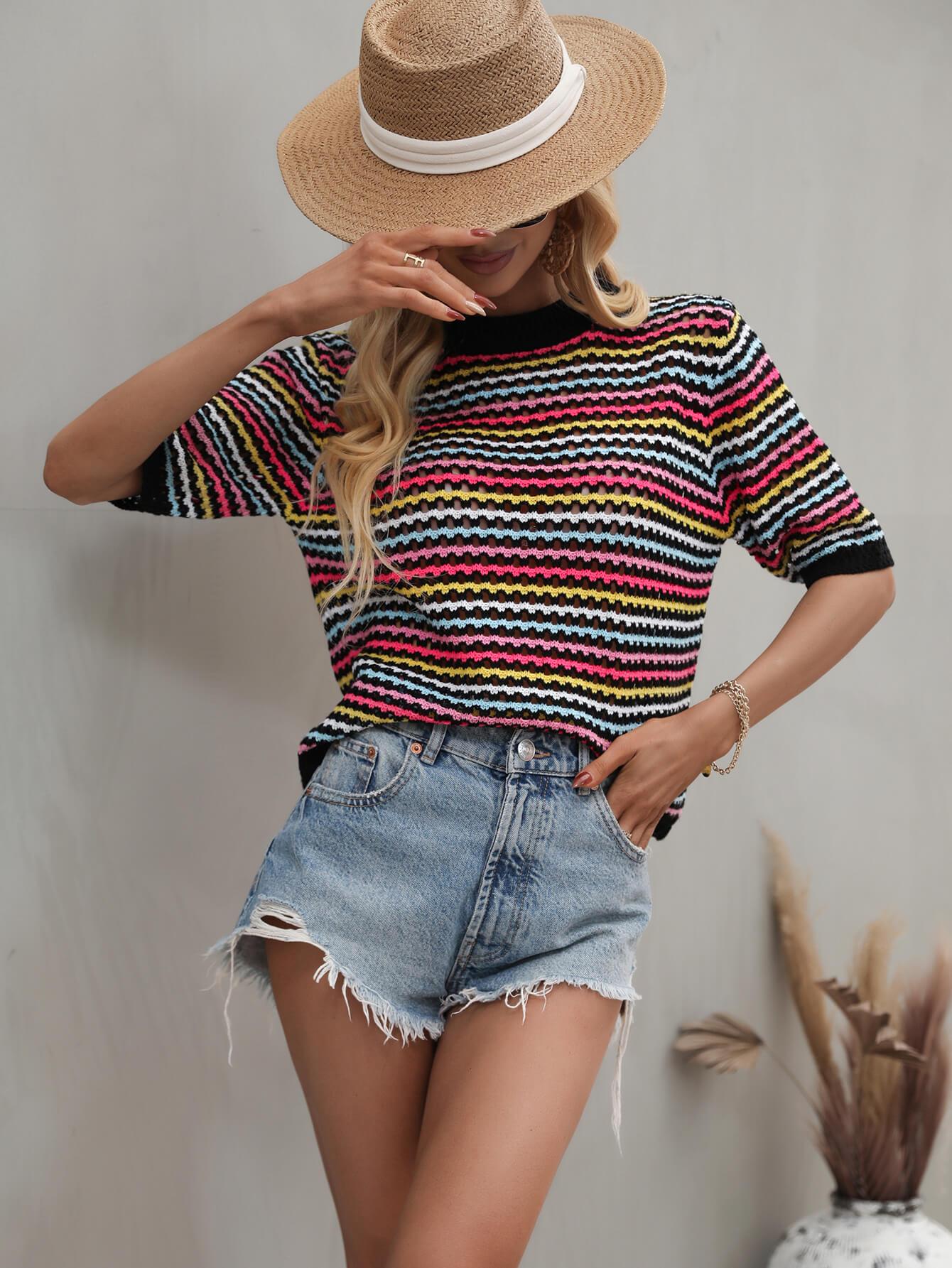 Striped Openwork Half Sleeve Knit Top - Flyclothing LLC