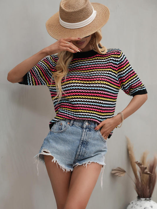 Striped Openwork Half Sleeve Knit Top - Flyclothing LLC