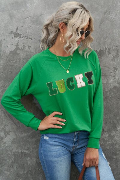 LUCKY Round Neck Raglan Sleeve Sweatshirt - Flyclothing LLC