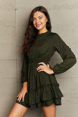 Leopard Smock Waist Long Sleeve Dress - Flyclothing LLC