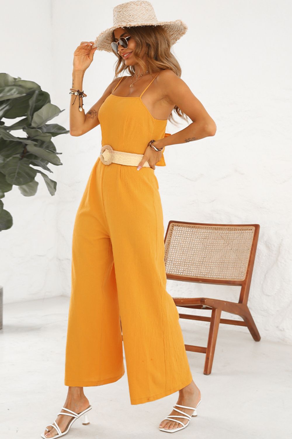 Cutout Spaghetti Strap Tie Back Wide Leg Jumpsuit - Flyclothing LLC