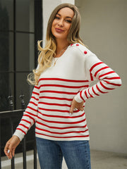 Round Neck Shoulder Button Striped Pullover Sweater - Flyclothing LLC