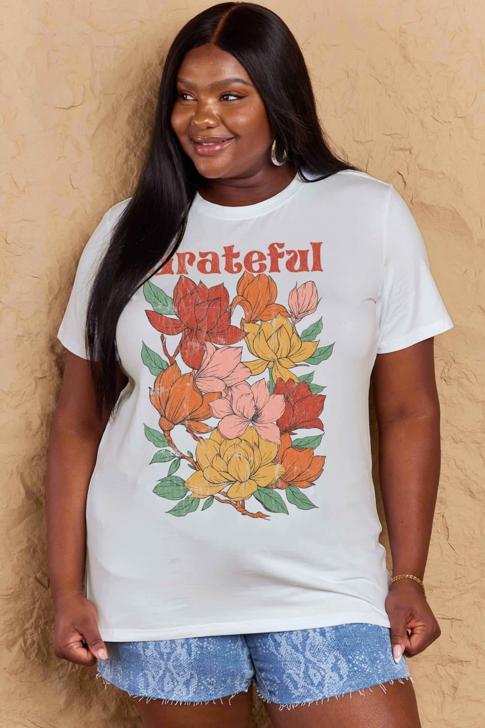 Simply Love Full Size GRATEFUL Flower Graphic Cotton T-Shirt - Flyclothing LLC