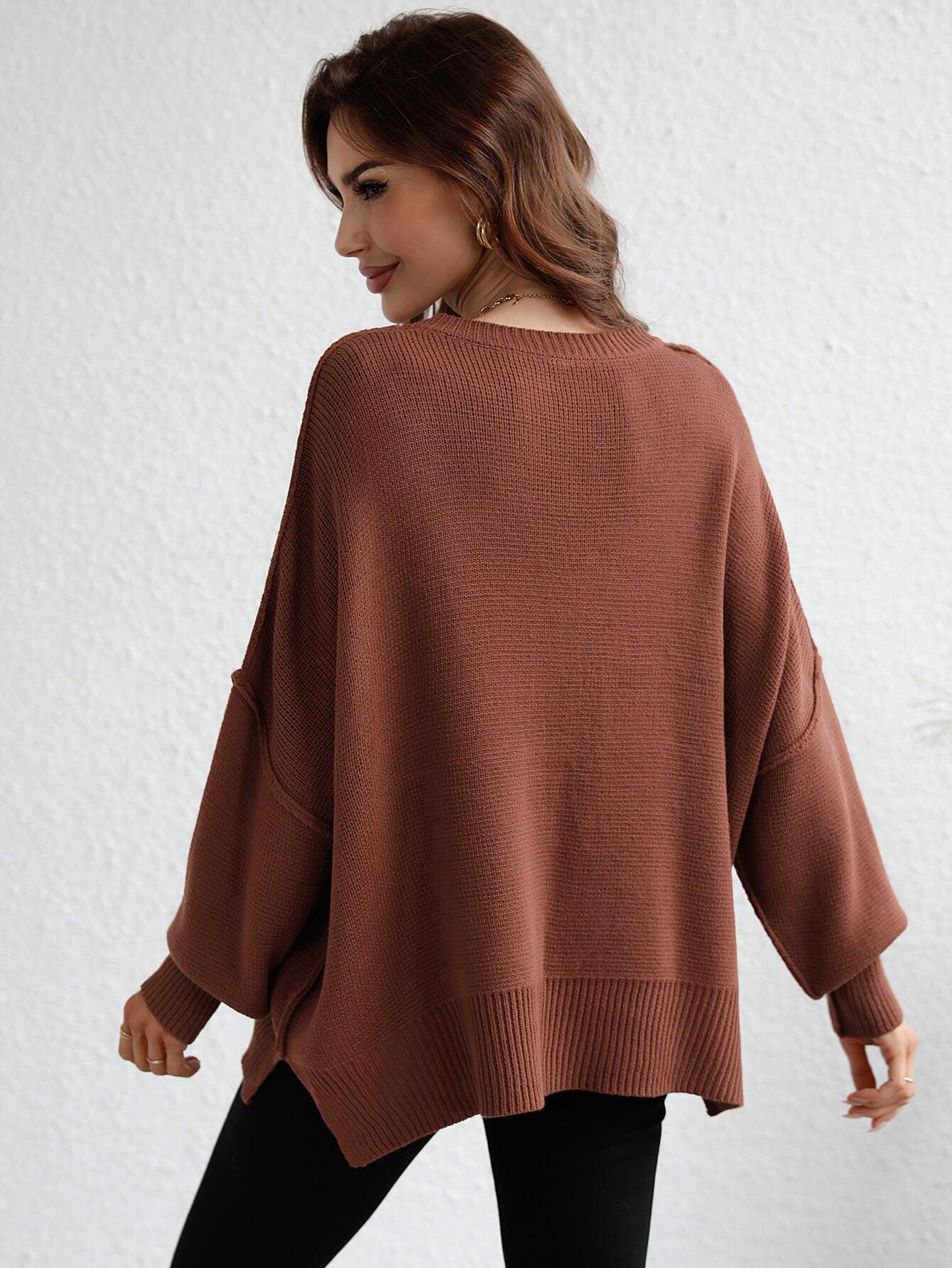 Exposed Seam Dropped Shoulder Slit Sweater - Trendsi