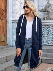 Full Size Zip-Up Longline Hoodie with Pockets - Trendsi