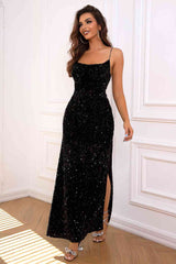 Sequin Backless Split Maxi Dress - Flyclothing LLC