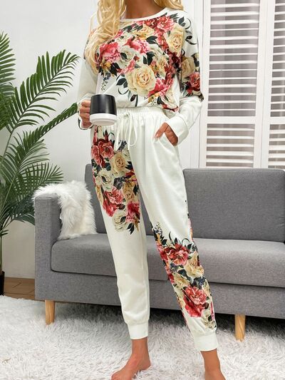 Printed Round Neck Top and Drawstring Pants Lounge Set - Flyclothing LLC