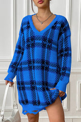 Plaid V-Neck Long Sleeve Sweater Dress - Flyclothing LLC