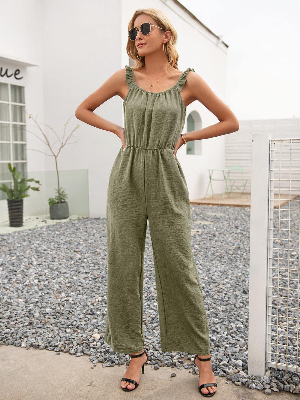 Round Neck Sleeveless Jumpsuit with Pockets - Flyclothing LLC