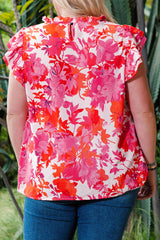 Plus Size Floral Flutter Sleeve Round Neck Blouse - Flyclothing LLC