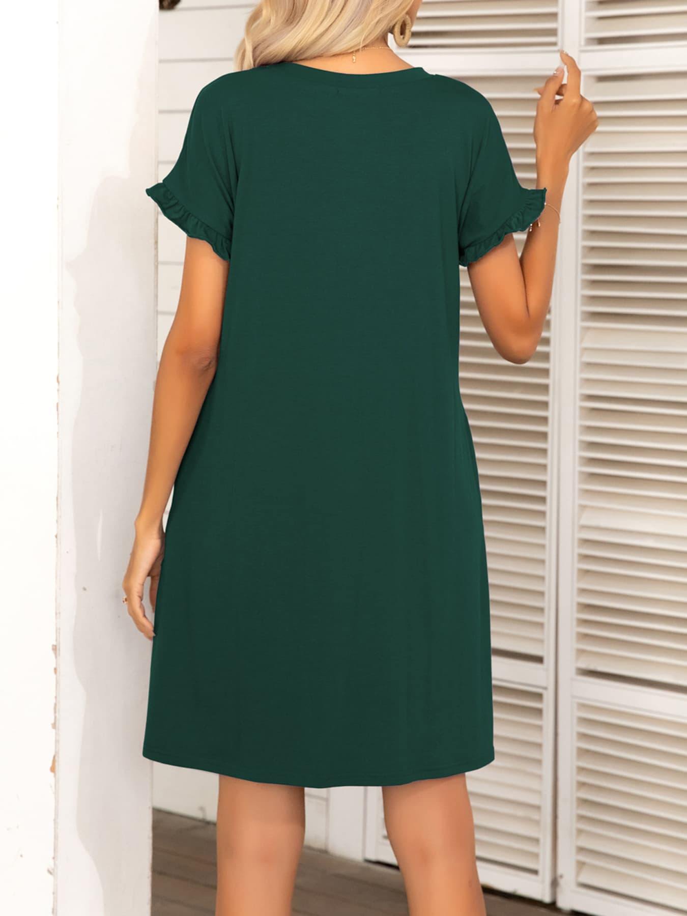 Round Neck Flounce Sleeve Dress with Pockets - Flyclothing LLC