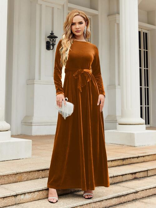 Tie Front Round – Flyclothing Dress Neck Long Sleeve LLC Maxi