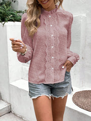 Swiss Dot Lace Trim Long Sleeve Shirt - Flyclothing LLC