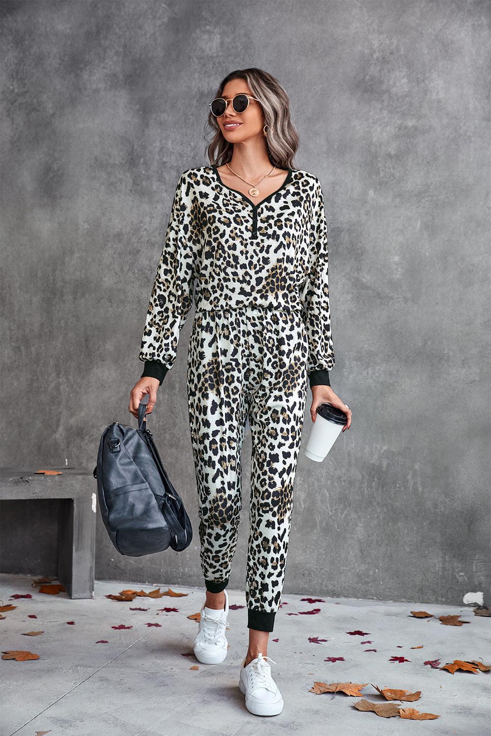 Leopard V-Neck Dropped Shoulder Loungewear Set - Trendsi