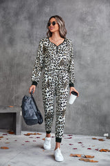 Leopard V-Neck Dropped Shoulder Loungewear Set - Trendsi