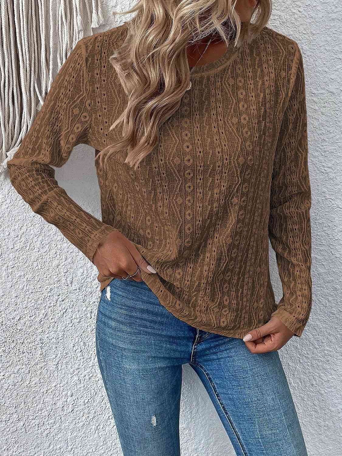 Eyelet Round Neck Long Sleeve Top - Flyclothing LLC