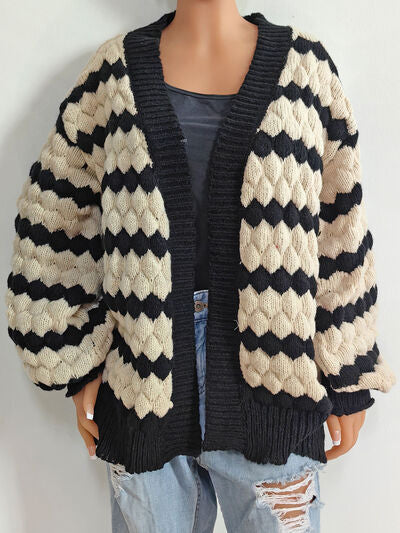 Striped Contrast Open Front Long Sleeve Cardigan - Flyclothing LLC