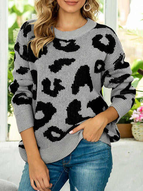 Drop Shoulder Leopard Pullover Sweater - Flyclothing LLC