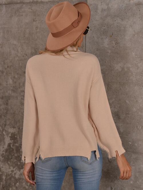 Raw Hem V-Neck Long Sleeve Knit Top - Flyclothing LLC