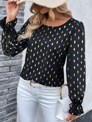 Printed Round Neck Flounce Sleeve Blouse - Flyclothing LLC