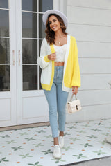 Open Front Contrast Color Balloon Sleeve Cardigan - Flyclothing LLC