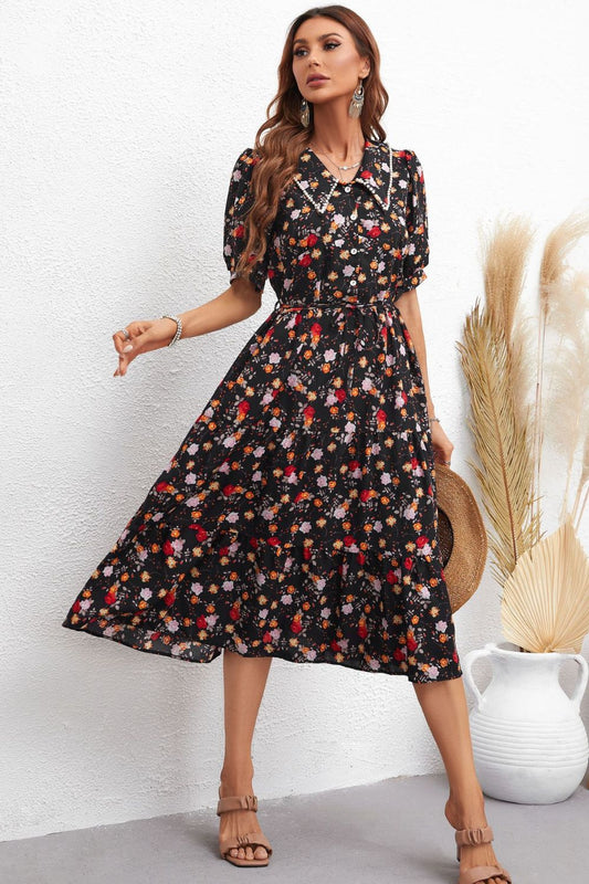 Floral Collared Neck Puff Sleeve Dress - Flyclothing LLC