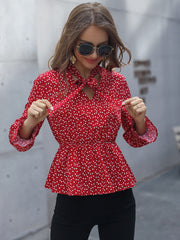 Printed Flounce Sleeve Peplum Blouse - Flyclothing LLC