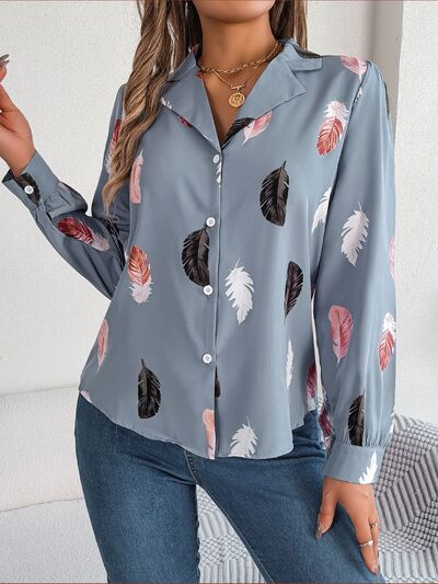 Button Up Printed Collared Neck Shirt - Flyclothing LLC